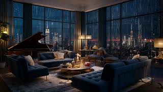 Urban Lullaby | Night Rain on Window with Calming Piano in Cityscape | Window Ambience ASMR