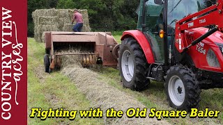 Square Baling Hay with a 64 Year Old Wire Tie Baler.   We Fought with it, and the baler won.