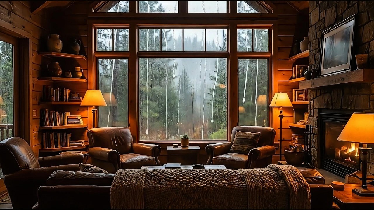 Cozy Cabin Library Rain & Fireplace Sounds (8 Hours) | Heavy Rain on Window for Reading