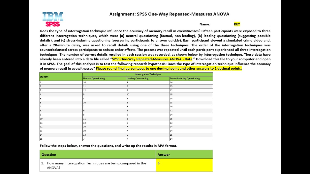SPSS One Way Repeated Measures ANOVA - Answer Key Video - YouTube
