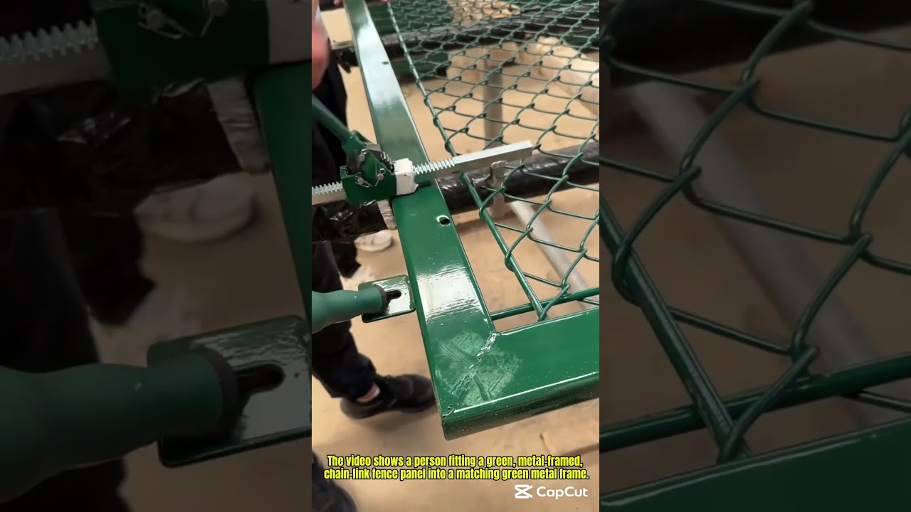 Fitting a Green Chain-Link Fence Panel into a Metal Frame