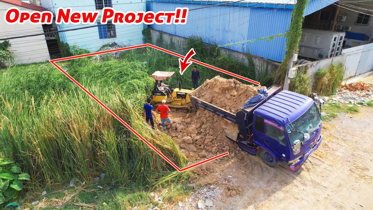 Perfectly Open New Project!! Filling Land 10 x 20  Dozer D20 & Truck 5T pushing soil into Water