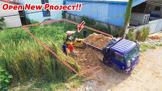 Perfectly Open New Project!! Filling Land 10 x 20  Dozer D20 &amp; Truck 5T pushing soil into Water