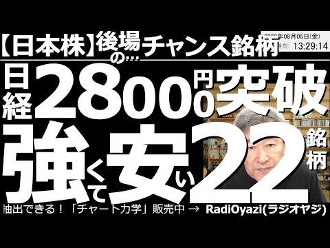 【日本株－後場のチャンス銘柄】日経平均28,000円突破！強くて安い22銘柄！　日経は上値抵抗になっていた28,000円を突破して強い。こんな局面では、株価が調整している、強い銘柄の買いを検討したい。