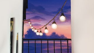 Painting Tutorial | String Lights Sunset Scenery | Acrylic Painting Tutorial For Beginners