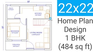 22x22 home plan | 1 BHK | 484 Sq.ft. |