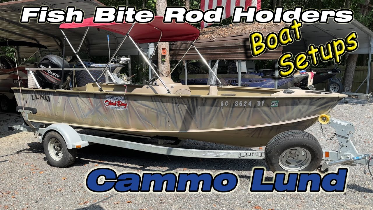 Camouflage Lund Aluminum Fishing Boat Setup: Fish Bite Rod Holders 