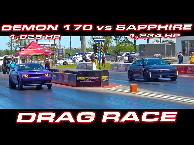 1,025 HP Dodge Demon 170 vs 1,234 HP Lucid Sapphire 1/4 Mile Drag Race class=