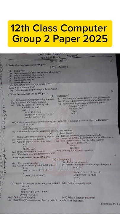 12th class Computer group 2 paper 2025 2nd year Computer paper group 2 ...