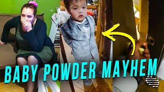 Mother’s Reaction to Her Little Boy, Wearing a Suit, Who’s Fully Covered in Baby Powder