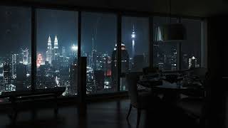 [ Relaxing music ] Rain on Window with Thunder Sound. Cozy room with nice view