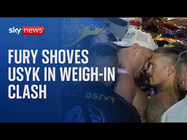 Fury vs Usyk: Tyson Fury shoves Oleksandr Usyk in weigh-in clash