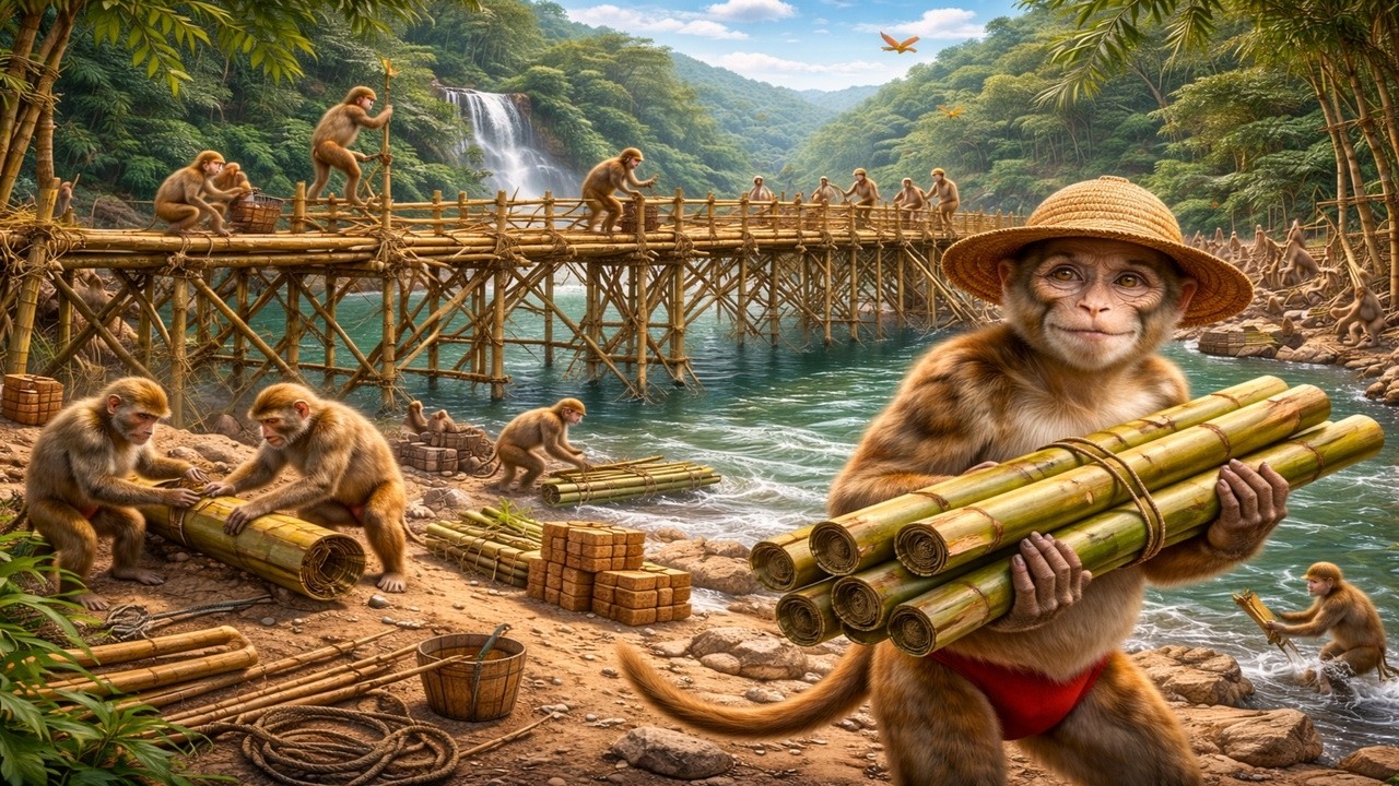 Unbelievable! Monkeys Build a Bamboo Bridge Over the River 😱🌊 (4K)