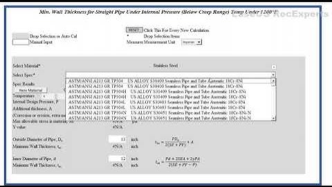 ASME B31.1 Min Wall Thickness for Straight Pipe Under Internal Pressure Under 1200F
