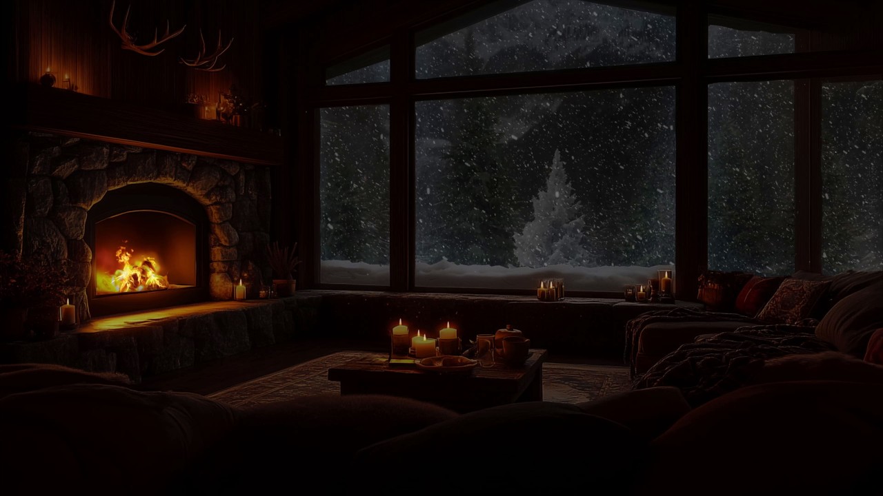 Relaxing Snowy Cabin Fireplace Ambience with Soft Winter Night Sounds for Studying and Deep Sleep