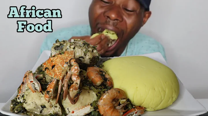 Asmr Fufu And White Okra Soup With Bitterleaf And Giant Whiting Or Hake Fish, Crabs & Tiger Prawns