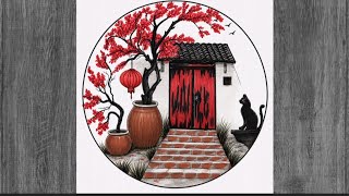 Easy circle scenery /Easy drawing ideas for beginners/ Cat sitting near door drawing