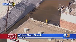 Water Main Break Floods Streets in Van Nuys