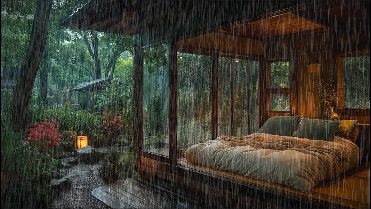 Garden Rain Sounds in a Japanese Ryokan | Rest on the Bed | Deep Sleep Ambience