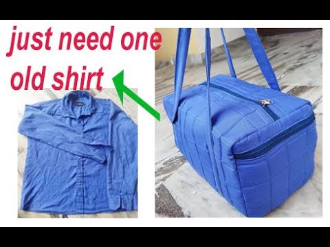 just with one men's shirt make travel bag / diy tote bag making/cutting &  stitching /old shirt reuse - YouTube