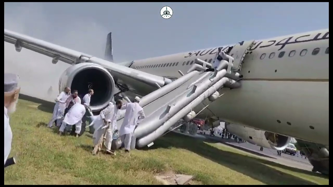 Saudia A330 Left main landing gear under fire at Peshawar Airport