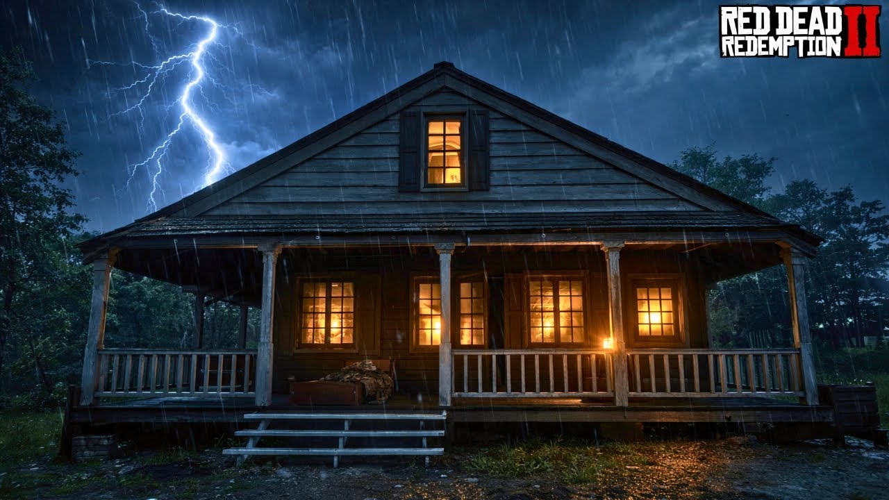 Cozy Cabin Thunderstorm 🌧️ Heavy Rain & Lightning Outside | Warm Window Sleep Ambience | RDR2 ASMR