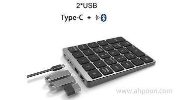 Aluminum Wired USB Number Pad & Bluetooth 28 Keys Numeric keypad with 2 USB HUB Ports