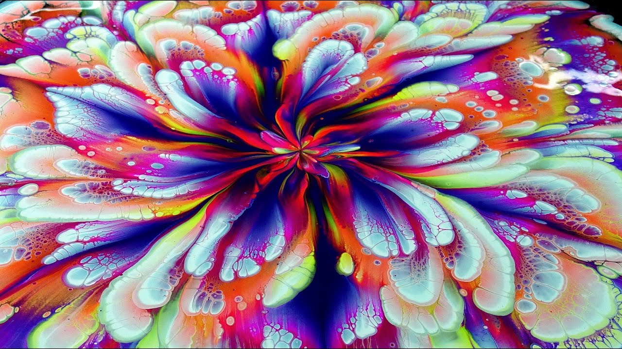 (403) Flower in BEAUTIFUL bright colours CUP BOTTOM acrylic pour