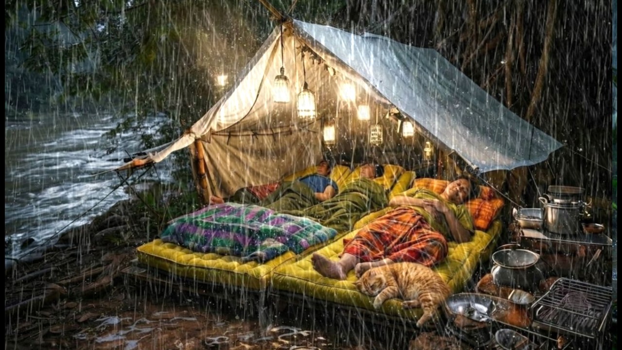 CAMPING DURING HEAVY RAIN AND THUNDER // Struggling to building a ...