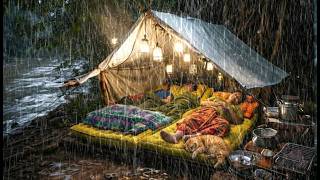 Cdaning During Heavy Rain And Thunder  Struggling To Building A Bamboo Shelter With A Cat