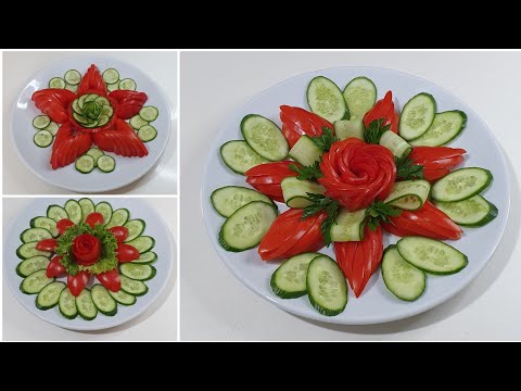 تقطيع صحن خضار من خيار وبندورة طماطم على شكل وردة بثلاث طرق