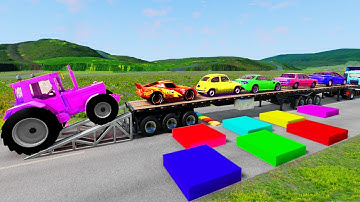 Flatbed Trailer Truck McQueen | Transportation with Truck - Pothole vs Car | BeamNG.Drive #136