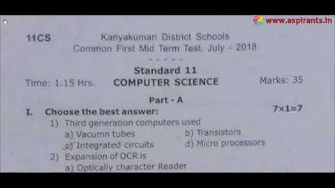 11th Computer Science First Mid Term Question Paper 2018-19 | Kanyakumari District | English Medium