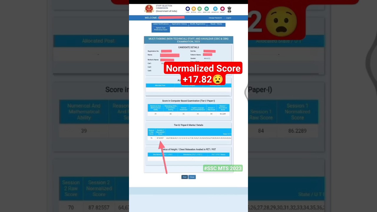 SSC MTS SCORECARD 2023(Normalized +17.82 marks) 