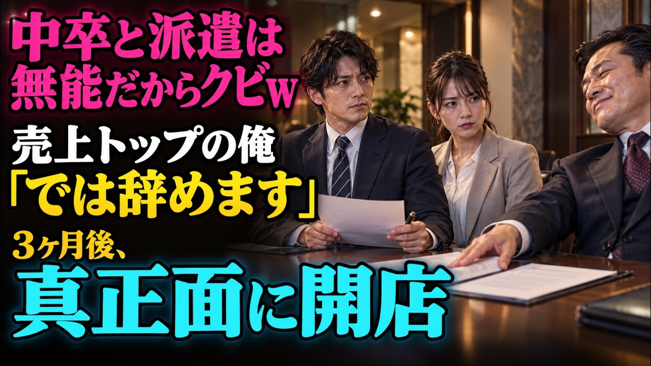昼休みに部長が机の上へ退職届を滑らせてきた。「中卒が部下にいるだけで俺の経歴に傷がつく。今日で首だ」隣では派遣の同僚にも同じ紙を押し付けていた。五年間、農家や小さな工房を一軒ずつ回り、車内トップの売上を守ってきたのに、白石部長にとっては学歴のほうが大事らしい。私は迷わず名前を書いた。「わかりました。今日で辞めます」。部長は勝ち誇ったように笑った。その夜、同僚が「独立しろよ」と唐突に言い、派遣...