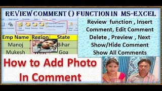 Review, Insert, Edit Comment, Delete , Preview , Next, Show/Hide Comment, Show All Comments in excel