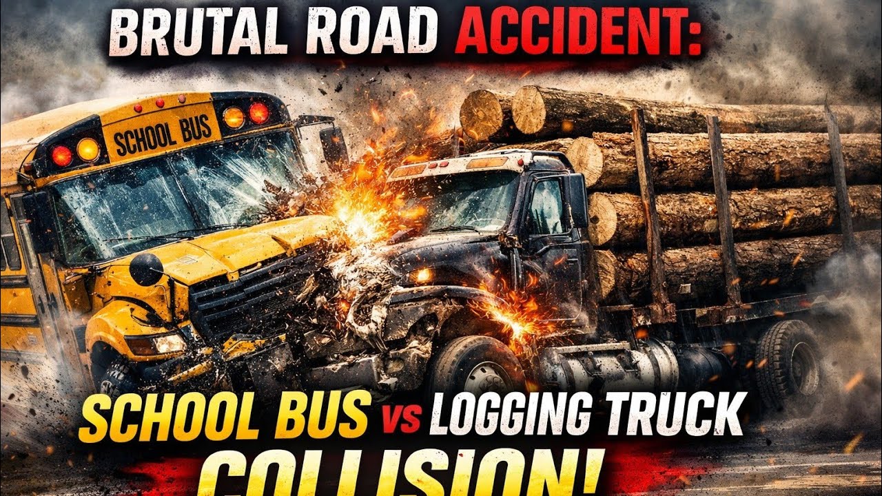 Brutal Road Accident: School Bus and Logging Truck Collision
