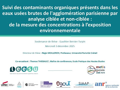 Soutenance de thèse Gauthier Bernier-Turpin - Suivi des contaminants organiques présents dans les eaux usées brutes de l’agglomération parisienne par analyse ciblée et non-ciblée : de la mesure des concentrations à l’exposition environnementale