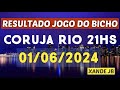 Resultado do jogo do bicho ao vivo CORUJA RIO 21HS dia 01/06/2024 - Sábado