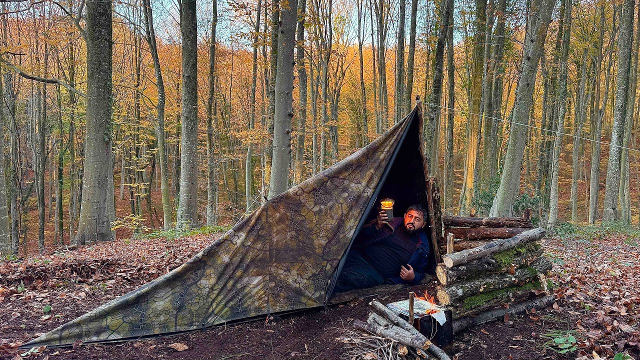 Одиночный поход на выживание в дикой природе. Укрытие из брезента для бушкрафта. Primitive Fish
