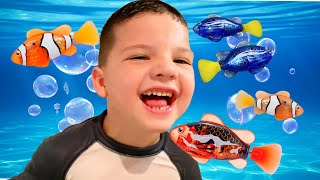 Caleb Goes Swimming with New Pet Fish Friends in GIANT BATH INDOOR POOL in HOUSE! Pretend Play FUN