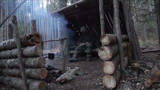 Bushcraft overnight: further expansion at the shelter, wall construction, cooking over the fire etc.