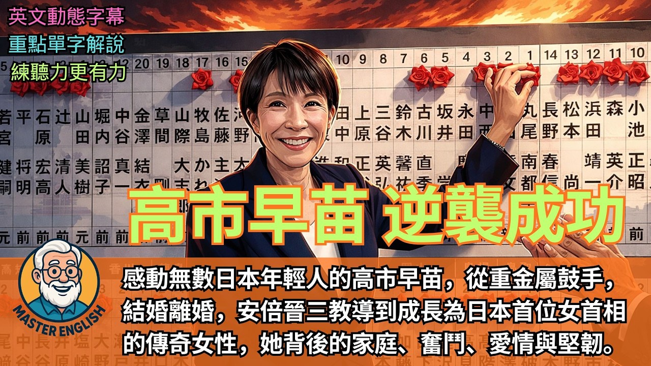 實戰練英文 |《高市早苗逆襲感動無數日本年輕人》動態字幕學英文，了解這位從重金屬鼓手成長為日本首位女首相的傳奇女性，以及她背後的奮鬥、愛情與堅韌。