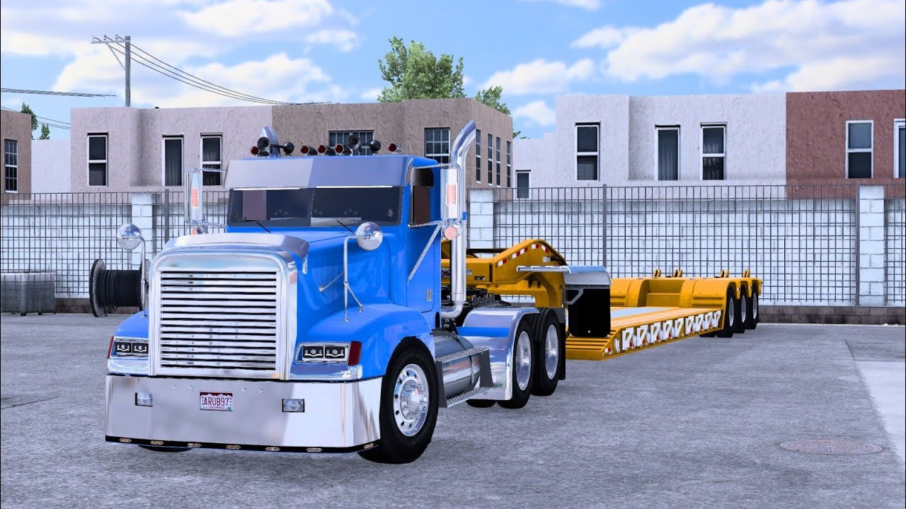 ATS 1.58 Freightliner FLD 120 (CAT Power) Transportando RetroExcavadora Hacia Cuahtemoc