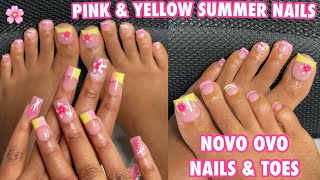 Pink & Yellow Summer Nails & Toes W/ NOVO OVO Nails | Acrylic Toes Dupe | Press On Nails at Home