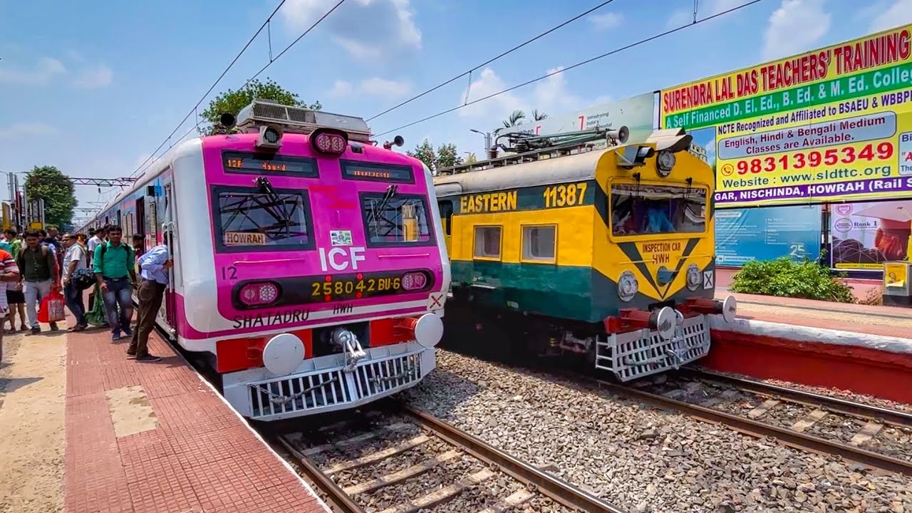 Unique Different model trains crossing! Pink EMU local train meets special inspection train!