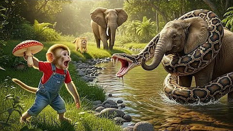 🐘🐵🐱Monkey & Cat Save Baby Elephant from Giant Snake Attack