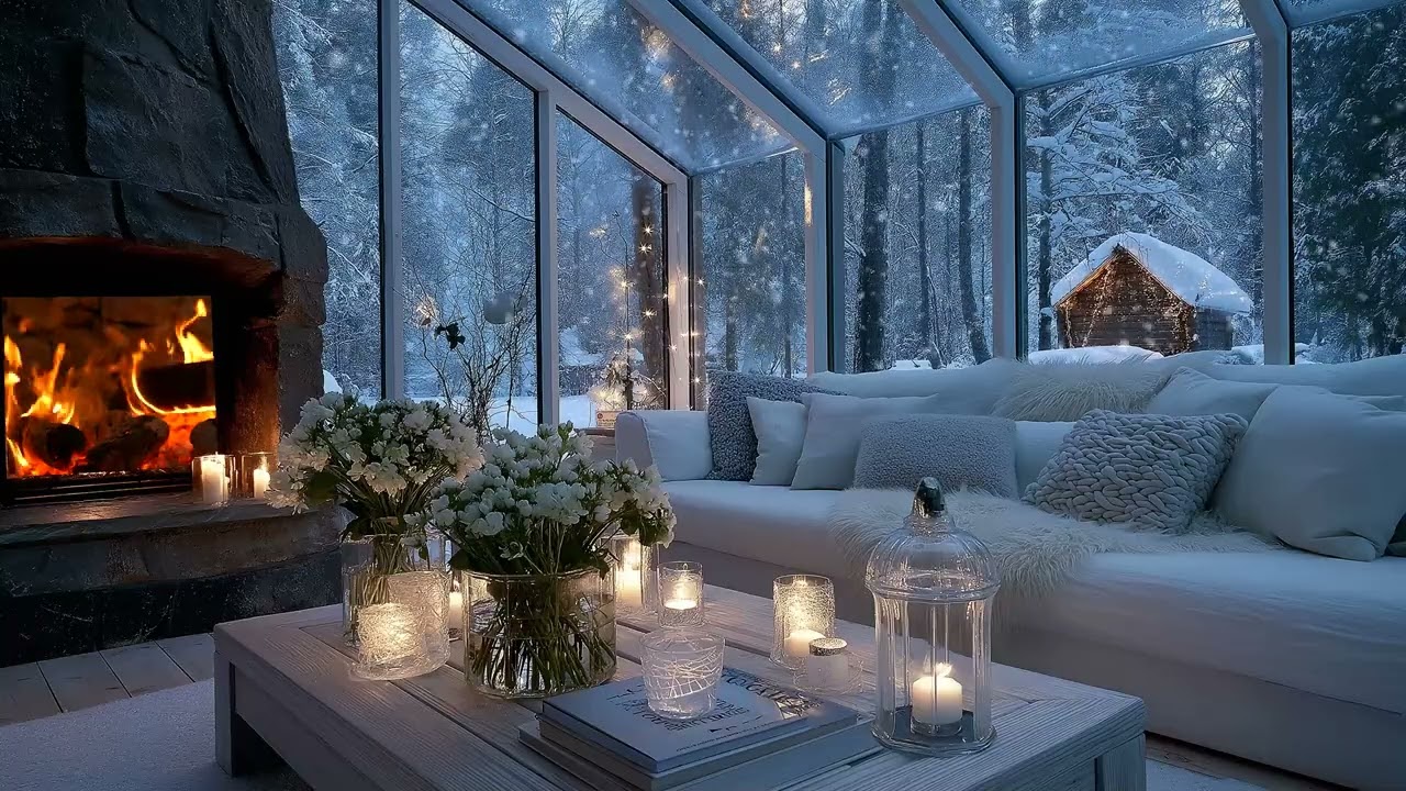 ❄️Winter Candlelight Piano | White Lounge with Flowers & Snowfall View |  Relaxing Sleep Focus Study