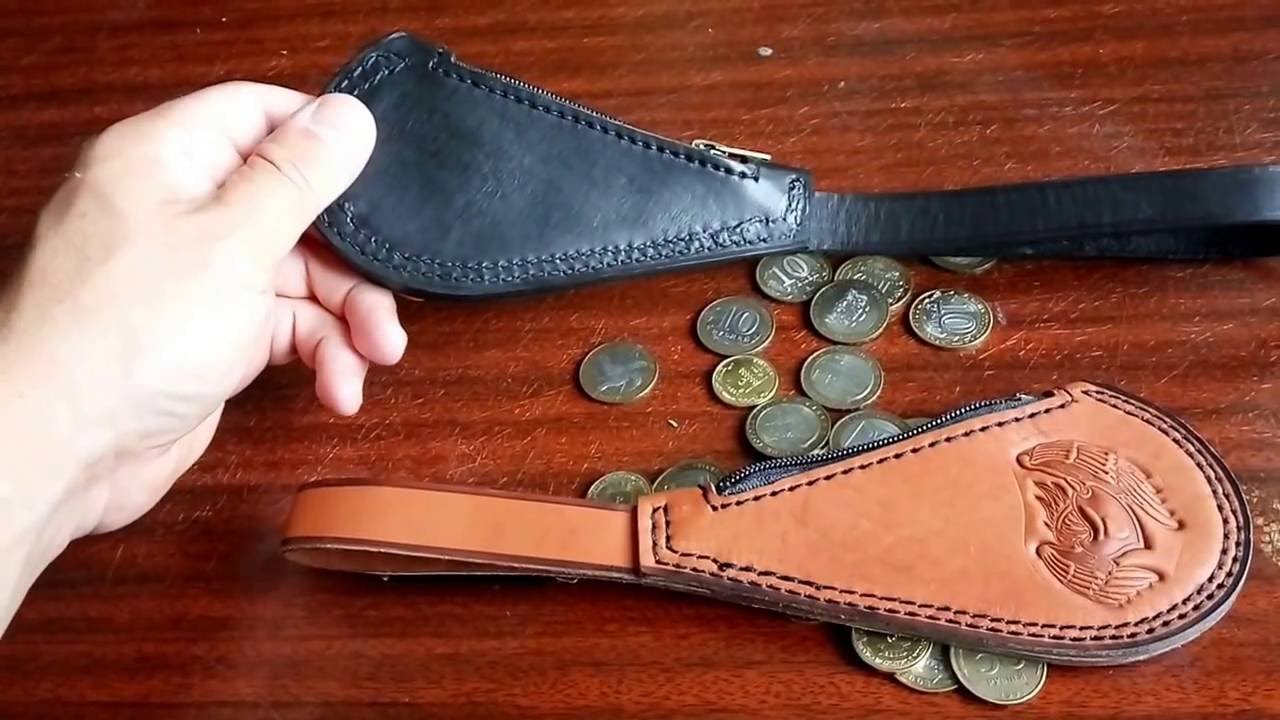 Leather coin sap with forged clip and strap - YouTube