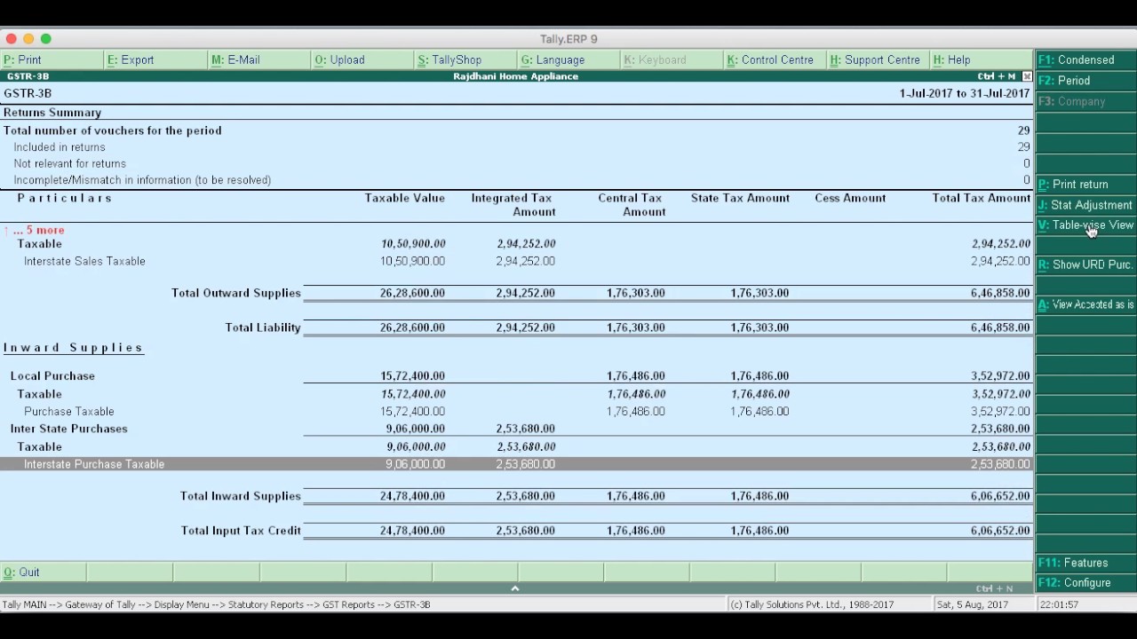 prepare gstr 3b for july august 2017 by tally erp 9 youtube